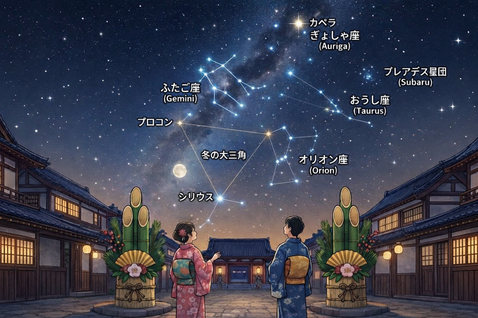 2026年正月の夜空に見える冬の星座を解説したイラスト。オリオン座、ふたご座、おうし座、ぎょしゃ座、プレアデス星団（すばる）と冬の大三角が星図付きで描かれている。