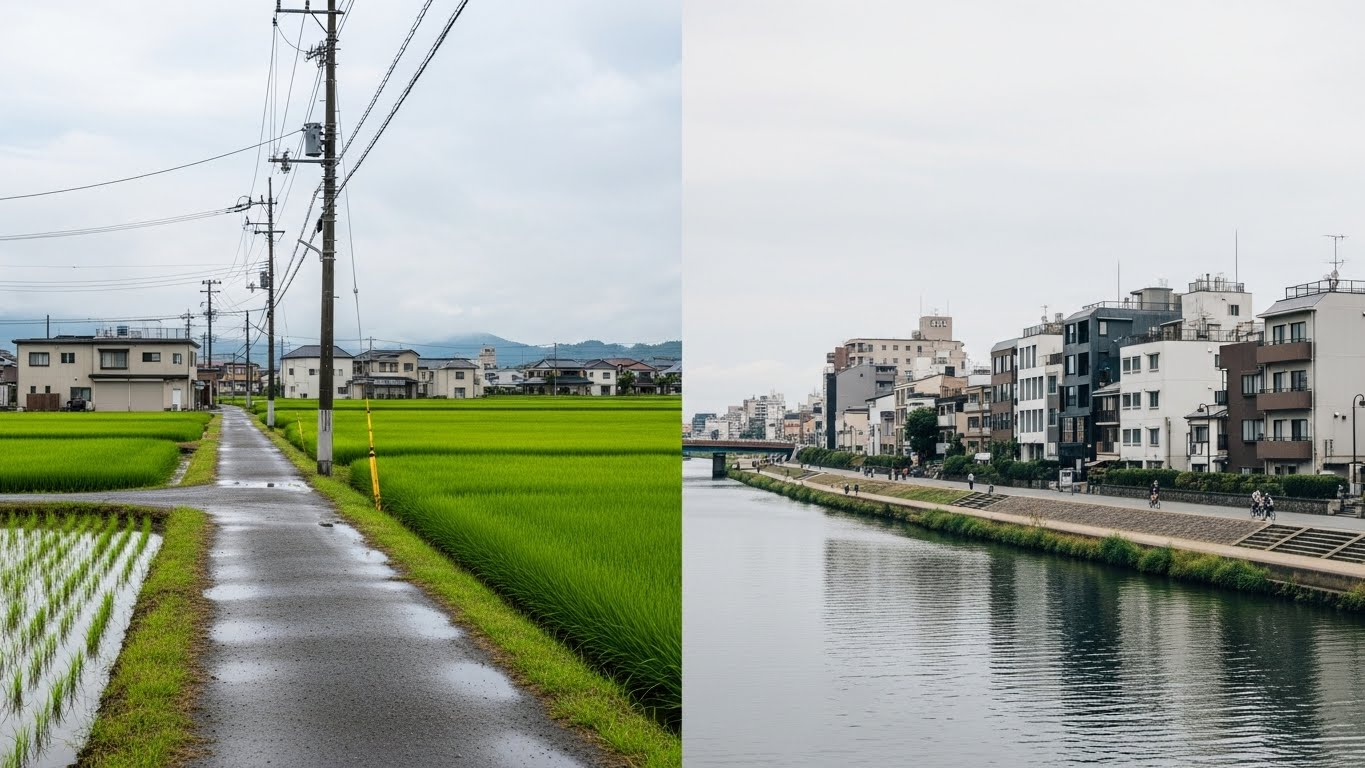 田んぼ道と河川敷のイメージ画像